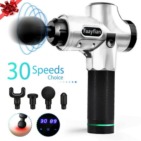 Percussion Massager Handheld Faayfian Muscle Massage Gun- 30 Speeds 4 Heads Professional Powerful Handheld Deep Tissue Muscle Massager- Percussion Massager for Trigger Points and Muscle Recovery for High Performance Athletes ()