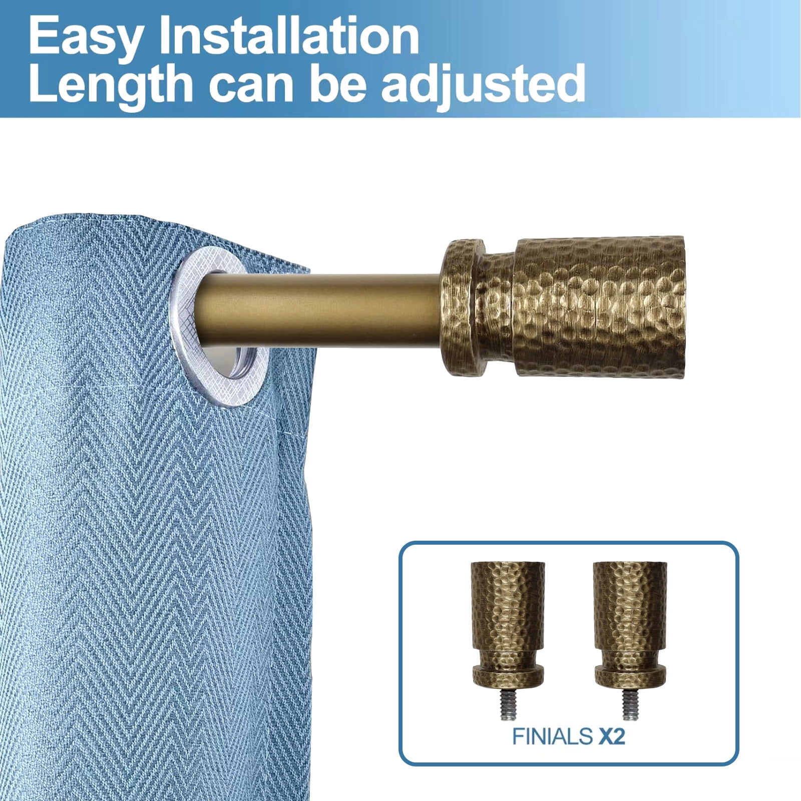 Urbanest 1" Hammered Adjustable Curtain Rod with Designer Finials — Heavy-Duty Metal Telescoping Rod, Easy Install, 84"–120″, Renaissance Gold