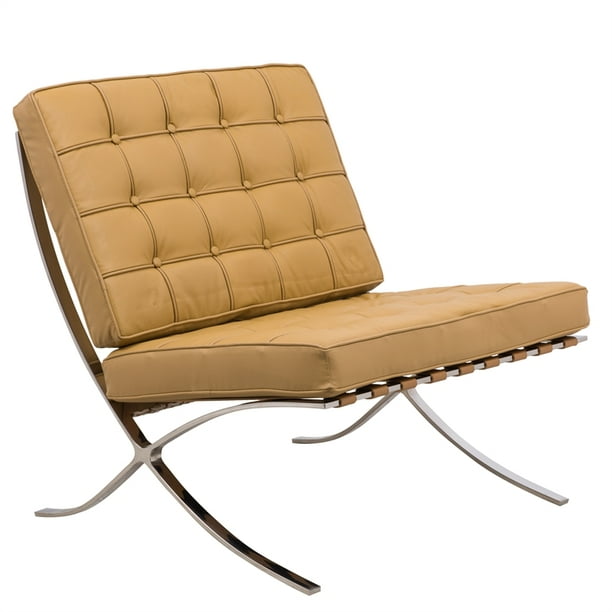 LeisureMod Bellefonte Modern Light Brown Leather Tufted Accent Chair