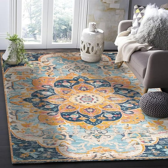 4 x 5ft Rectangular Area Rug For Living Room, Bedroom, Blue Orange Non-Slip Residential Carpet, Kitchen Rugs, Middle Century Geometric Abstract Western Floor Mat With Rubber Backing