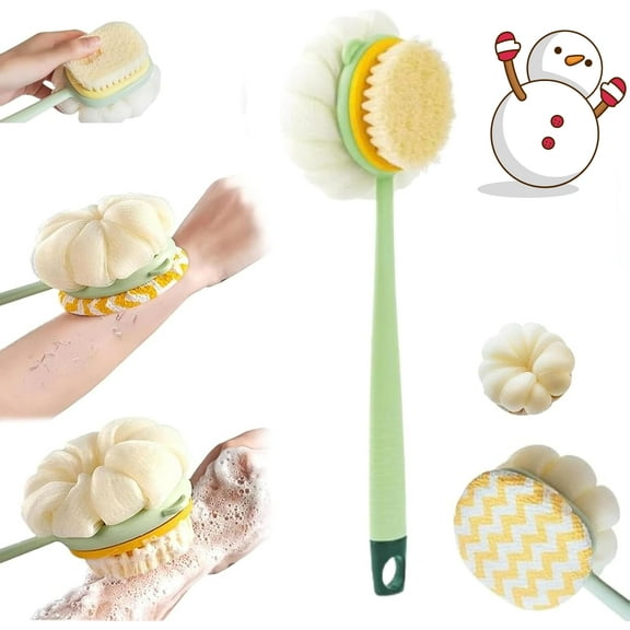 2-in-1 Bath Scrubber & Back Brush – Extra Long Handle, Soft Bristles, Exfoliating Shower Ball, Wet Or Dry, Back Scrubber for Shower, Dry Brushing Body Brush for Women (B)