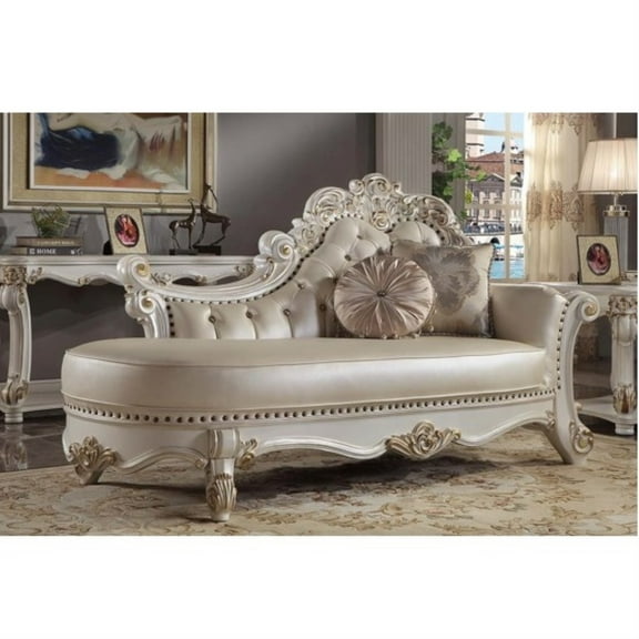 Acme Vendome CHAISE W/2 PILLOWS Synthetic Leather & Antique Pearl Finish