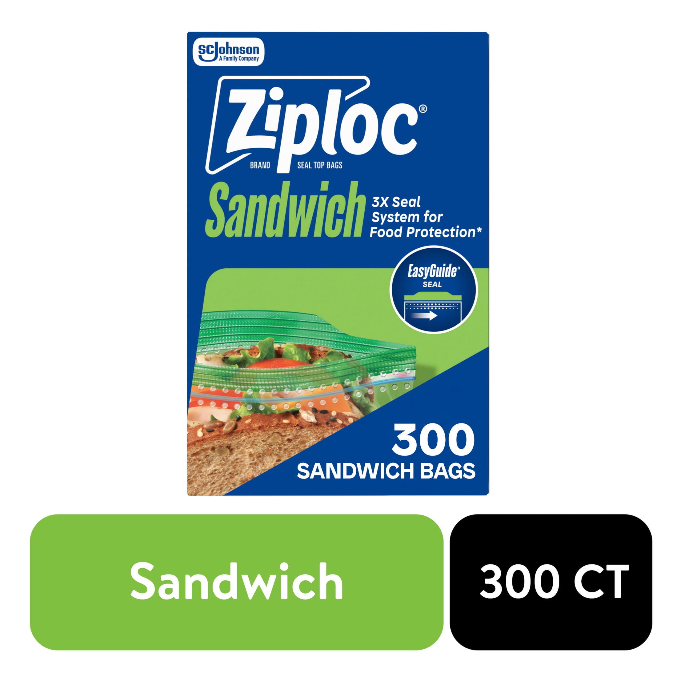 (4 pack) Ziploc® Brand Sandwich Bags with EasyGuide™ Texture, Grip 'n Seal Technology™, Food Storage, Zipper, 300 Count