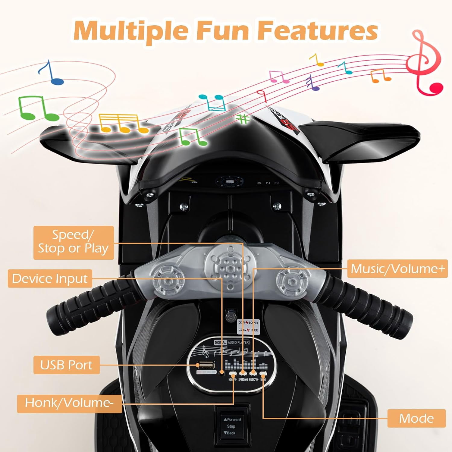 OLAKIDS 6V Kids Motorcycle with Forward & Reverse Switch, Headlight, Wheel Lights, Horn, Music, USB Port, 3-Wheel Ride on Toy for Toddler Aged 3+