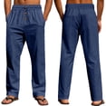 thumbnail image 4 of Lightweight Linen Jogger Pants for Men Elastic Waist Drawstring Wide Leg Pants with Deep Pockets Linen Long Pants Summer Beach Vacation Yoga Casual Sweatpants,Blue S, 4 of 5