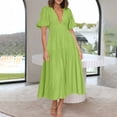 thumbnail image 4 of Women's Deep V Neck Puff Short Sleeve Tiered Dress Elastic High Waist Flowy A Line Midi Dresses, 4 of 7