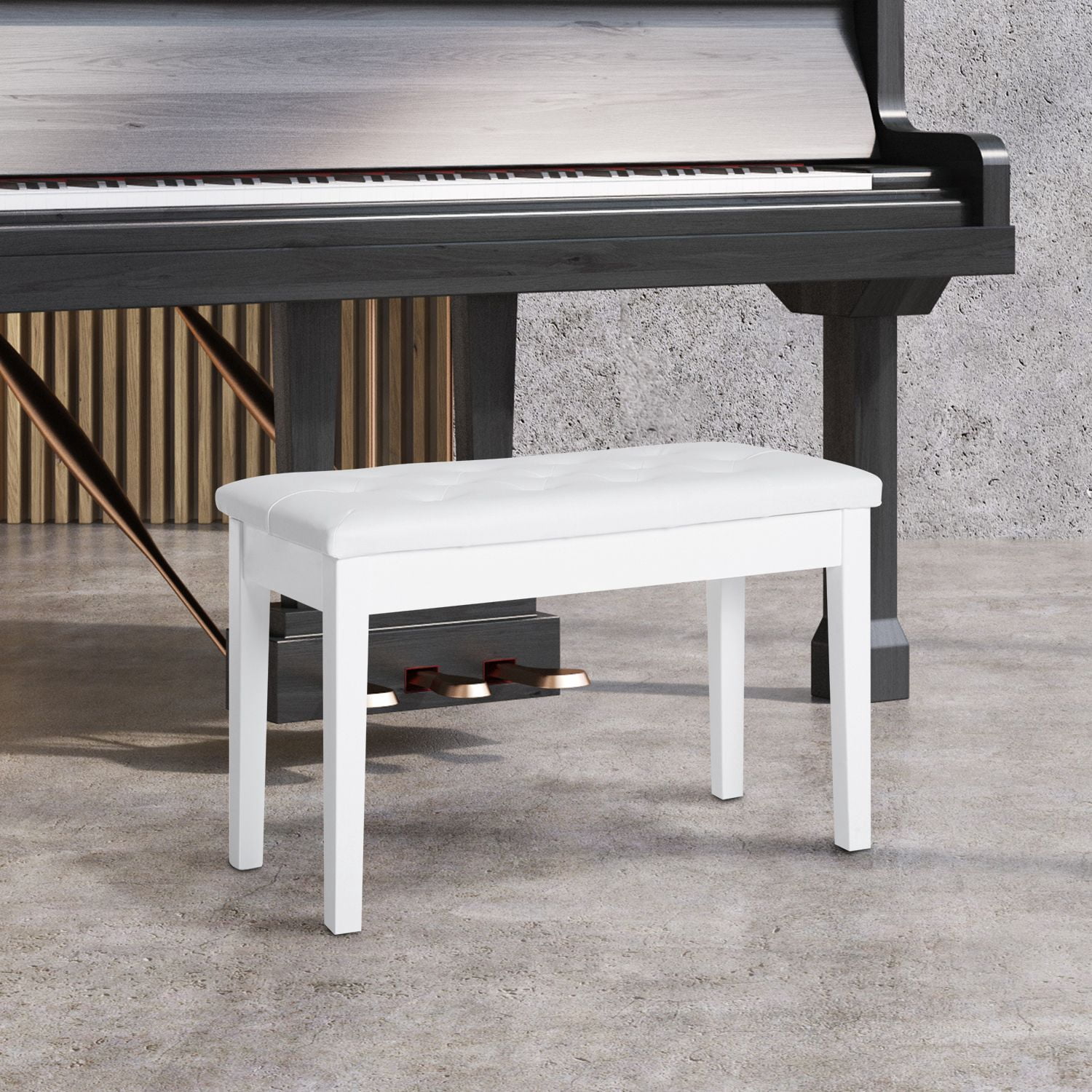 White Faux Leather Piano Bench - Duet Bench Seat for Living Room, Performance & Lessons - Traditional Country Style, Easy to Clean, Lightweight Design