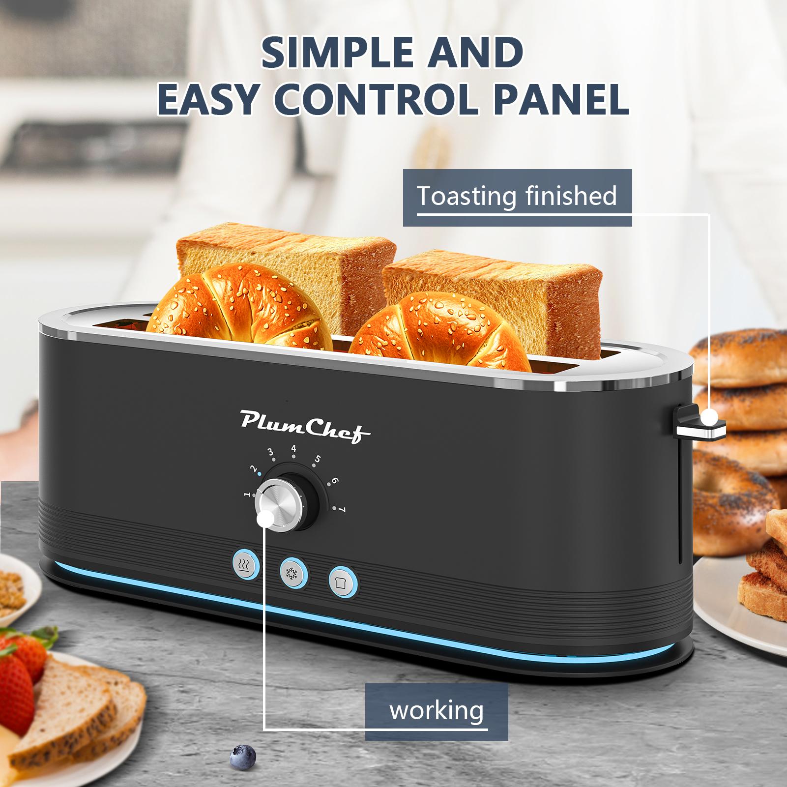 Plum Chef 4 Slice Toaster Wide Slot 6 Shade Browning Control Bagel Muffin Setting Defrost Function Reheat Function Removable Crumb Tray Compact Stainless Steel Design