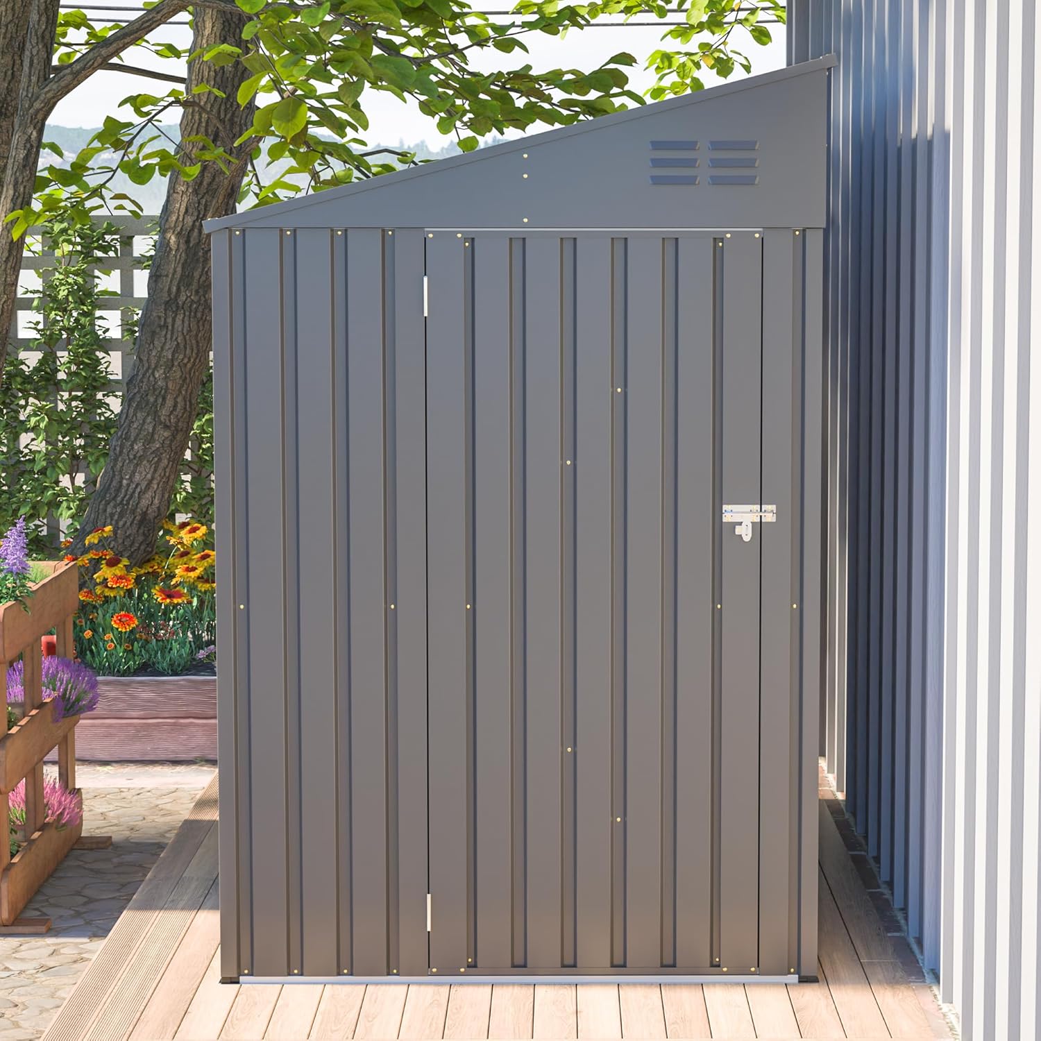 4×7 Ft Lean to Shed, Small Metal Outdoor Storage Shed，Waterproof with Lockable Door for Backyard, Patio, Garden, Grey