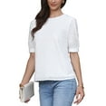 thumbnail image 4 of INSPIRE CHIC Summer Tops for Women's Puff Short Sleeve Crew Neck Hollow Out Shirts Loose Tunic Tops S White, 4 of 6