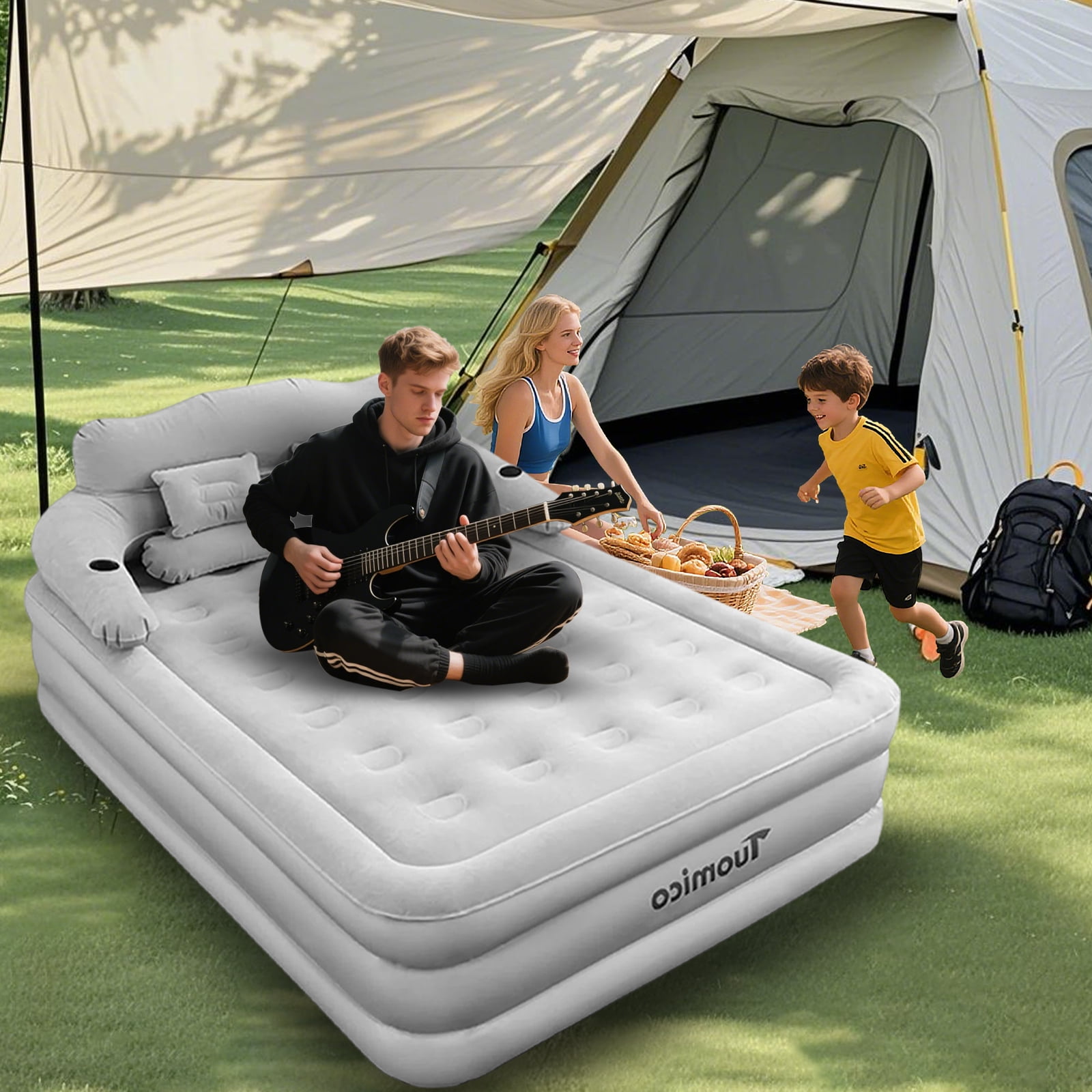 KFeng Queen Size Inflatable Air Mattress with Built in Pump Leak Proof,Foldable,Removable Backrest & Pillows（Gray))