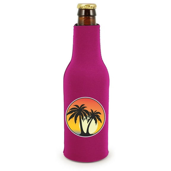 Palm Tree Sunset Beer Bottle Coolie (Magenta)