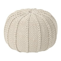 Benjara Round Knitted Pouf Ottoman, Handwoven Details, 20 Inch Beige Cotton