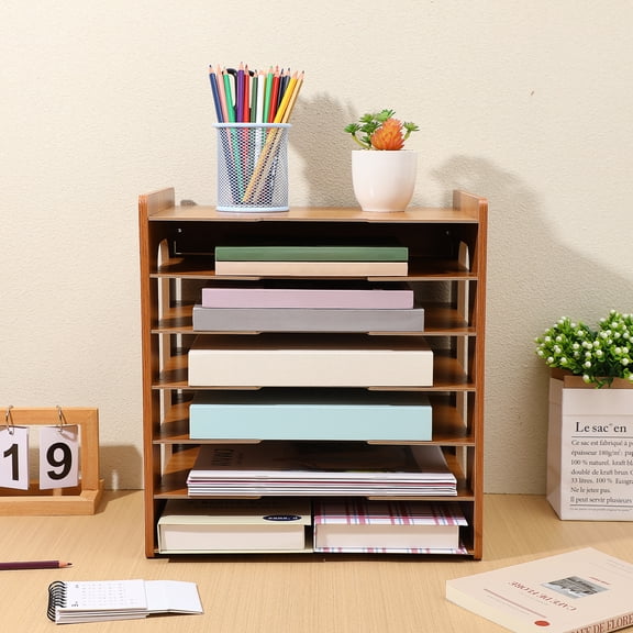 WEUVEB Wooden Desktop File Organizer Rack, Rectangular Magazine Holder for Office and Home Supplies Storage, 11.97 x 14.17 x 9.84 inches
