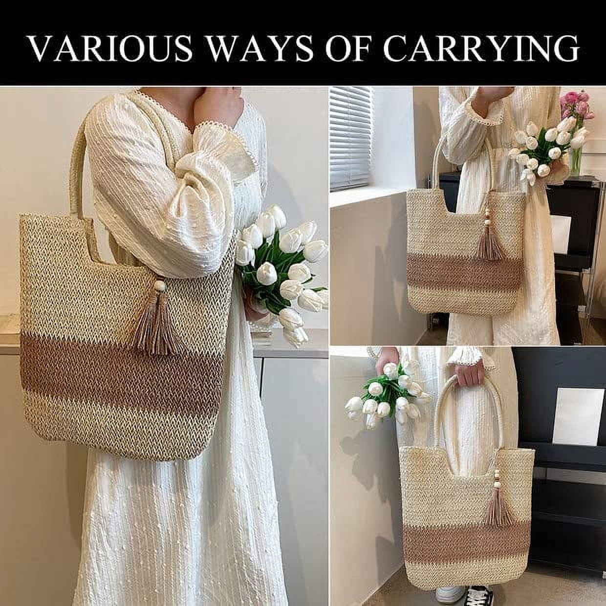 Kukuzhu Straw Beach Bag, Summer Woven Tote Bag with Tassels Large Shoulder Handbag Straw Purses and Handbags for Women