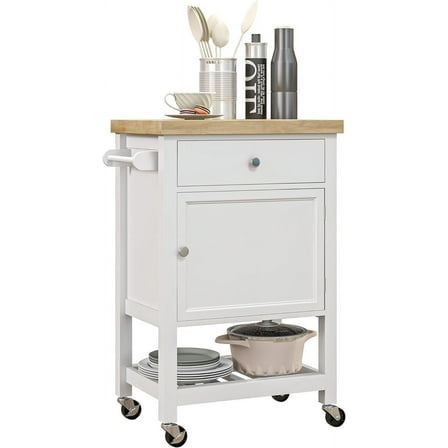 Utility Kitchen Cart, Rolling Kitchen Island with Smooth Rubberwood Top, Narrow Butcher Block Surface on Wheels with Storage Drawer & Cabinet, White