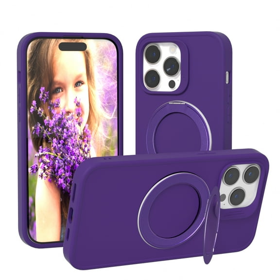 Magnetic Case for iPhone 14 with Hidden Ring Stand, Slim Kickstand Case Compatible with MagSafe Shockproof Soft Microfiber Lining Protective Case Cover for iPhone 14, Darkpurple