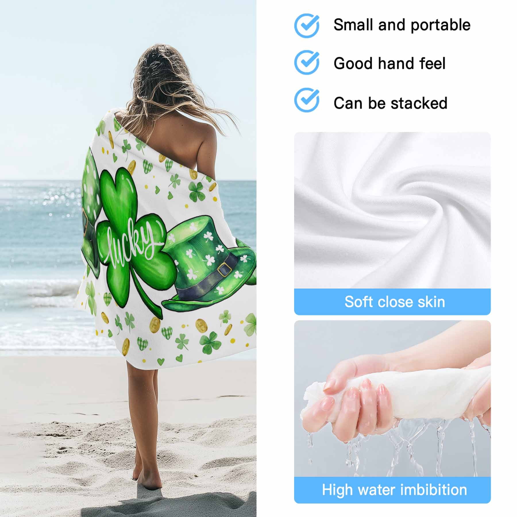 St. Patrick's Day Beach Towels Blanket Soft&Absorbent Quick Dry Microfiber Green Lucky Shamrocks Hat Pool Towels for Swimming ,Yoga, Sports, Gym, Camping,Large 35X70in, Gold Coin