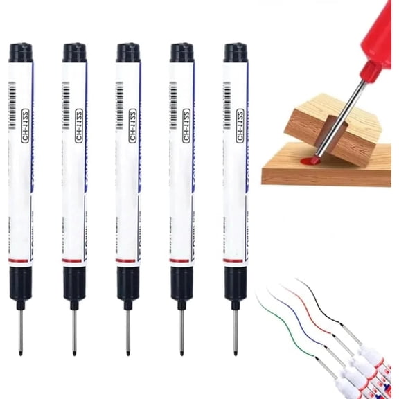5 Pack Long Head Deep Hole Pens - 20mm Reach Metal Markers, Quick-dry Waterproof Long Nib, Colorful Carpenter Markers