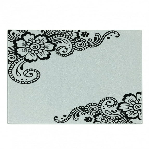 East Cutting Board, Floral Corner Ornaments with Swirls and Blossoms Monochrome Folkloric Inspirations, Decorative Tempered Glass Cutting and Serving Board, Small Size, White Black, by Ambesonne