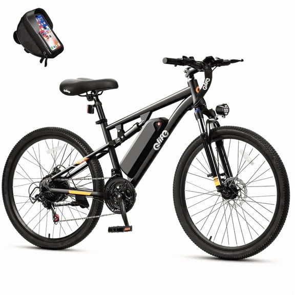 Qlife Racer 27.5" Electric Bicycle for Adults, Full Suspension 21-Speed Mountain Ebike with 500W Brushless Motor, 48V 10.4AH Removable Battery 55 Miles,(Black) with Phonebag