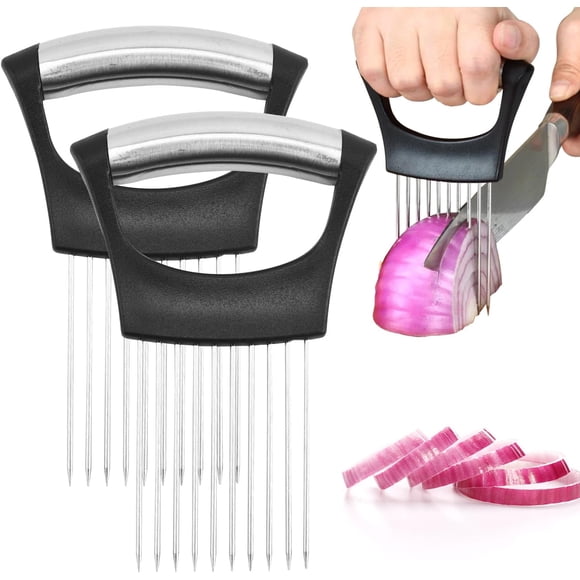 Soporte para rebanadas de cebolla de acero inoxidable, cortr de limón y verduras, herramienta auxiliar para rebanar carne, cebolla, patata, tomate, herramientas de cocina para el hogar (2 unidades,
