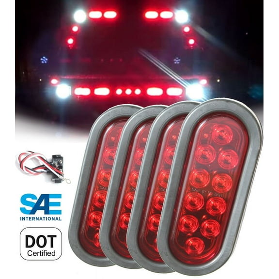 Set of 4 Pcs LED 6" Oval Red Brake Stop Turn Tail Marker Signal Lights for Truck Trailer Tractor w Grommet Pigtail Kit DOT SAE Approved