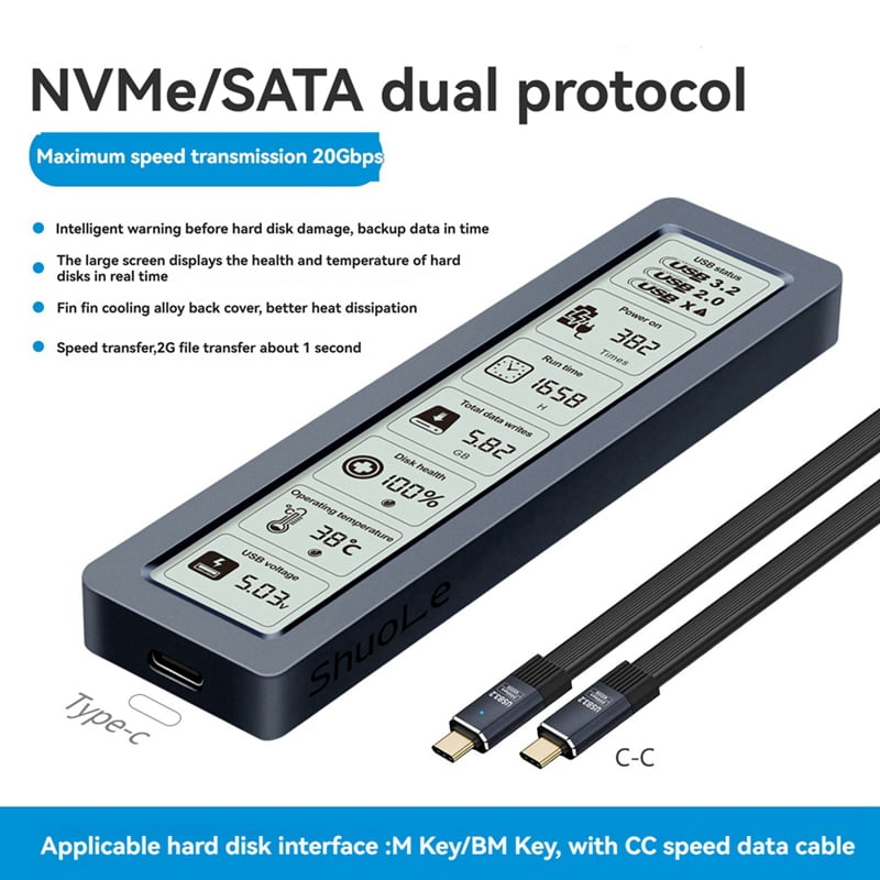 M.2 SSD NVME Enclosure USB3.2 Gen2x2 Type C 20Gbps SSD Case M.2 NVME Enclosure Disk Box Tool Free SSD Case