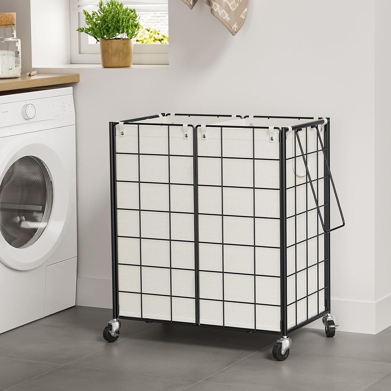 Double Laundry Hamper with Wheels,Metal Wire Frame Rolling Laundry Basket with 2 Removable bags,120L Dirty Clothes Hamper Organizer Dorm Room Storage for Bedroom,Bathroom