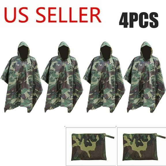 4PCS US Military Woodland Wet Weather Raincoat Poncho Camping Hiking Camo