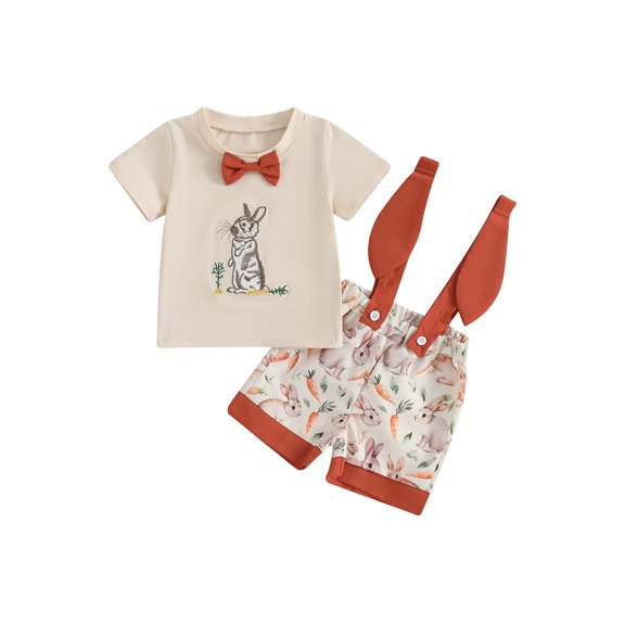 Baby Toddler Boy Easter Outfit 3 6 12 18 24 Months 2T 3T Bunny Carrot Short Sleeve T-shirts Suspender Shorts 2 Piece Gentleman Set