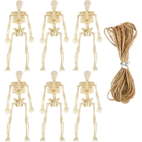 6 Pack Posable Mini Skeleton Figurines with Jute Rope for Halloween Decor