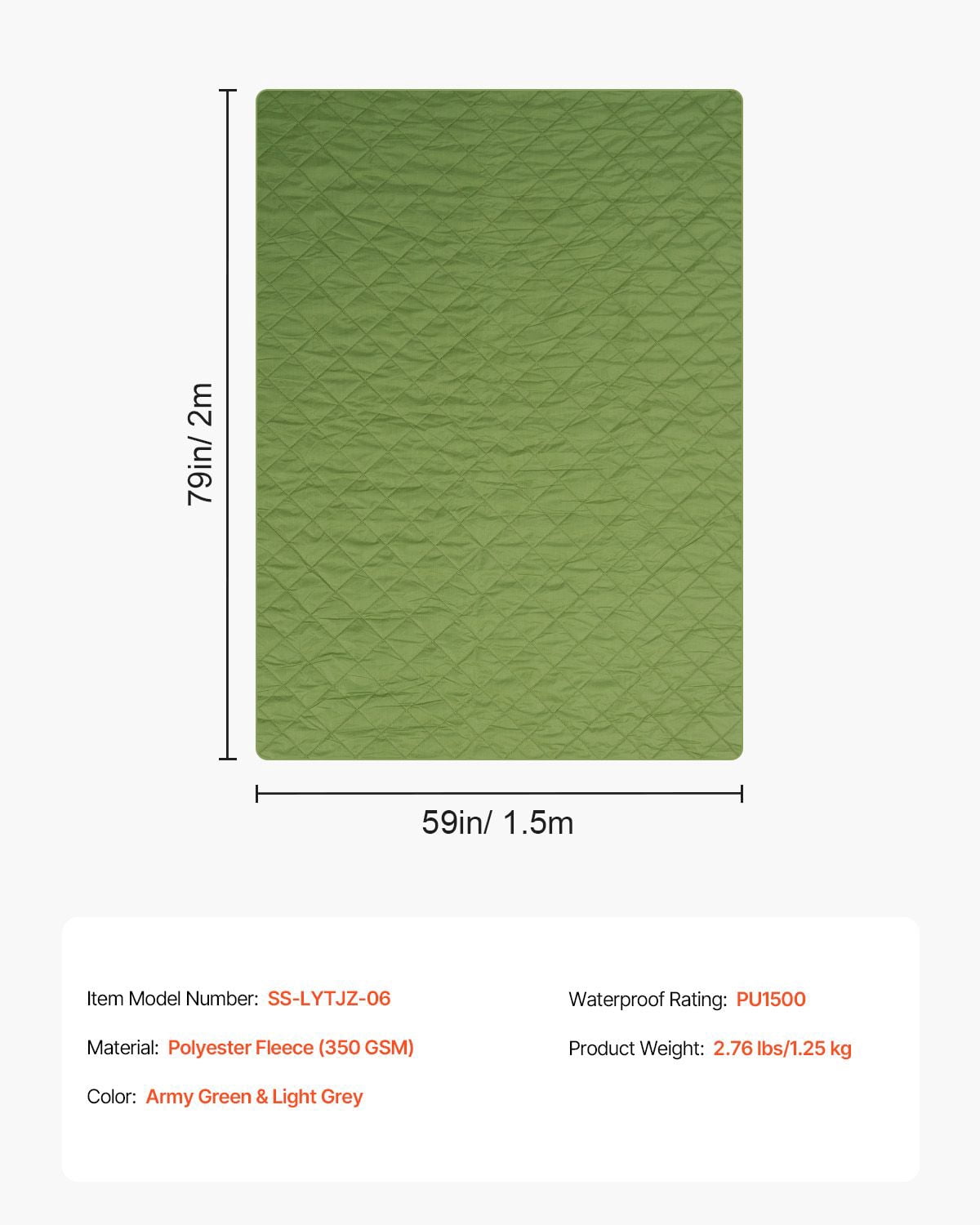 Camping Blanket 82x55 Inch 330GSM Polyester Fleece PU1500 Waterproof Ultrasonic Quilting for Outdoor Beach Picnic