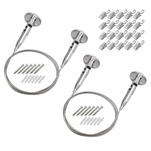 OTTFF 2 piezas de 2 mm x 6,5 pies de acero inoxidable cable de suspensión para colgar alambre con 20 clips multiusos para colgar fotos, notas, guardería, escuela, arte, decoración de pared, carga 66 I