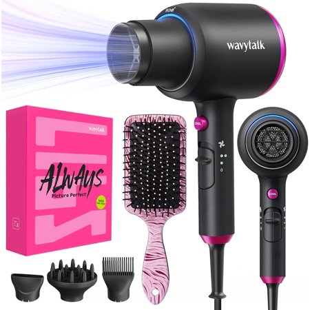 Wavytalk Professional Hair Dryer with Diffuser, Hair Dryer for Women with 4 Attachments 1875W Ionic Blow Dryer, Hair Dryer with Ceramic Technology Fasting Drying Light and Quiet, Black