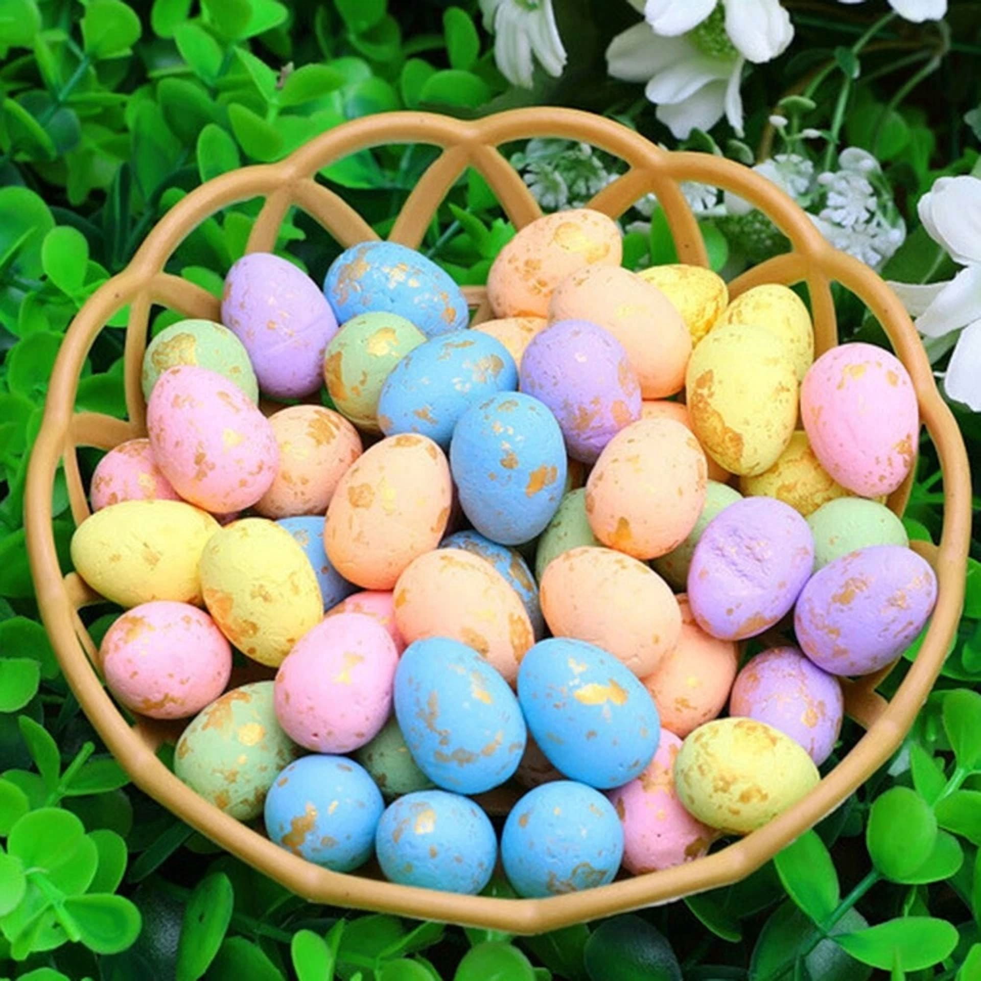 CRESTIN- 50Pcs Artificial Easter Eggs Colorful Foam Eggs Ornaments With Basket Home Decor
