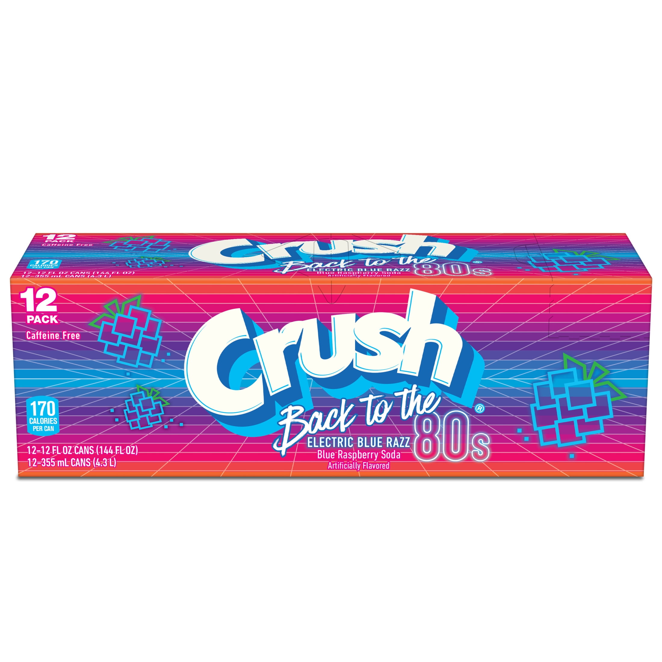Crush Caffeine Free Back to the 80's Electric Blue Razz Soda Pop, 12 fl oz, 12 Pack Cans