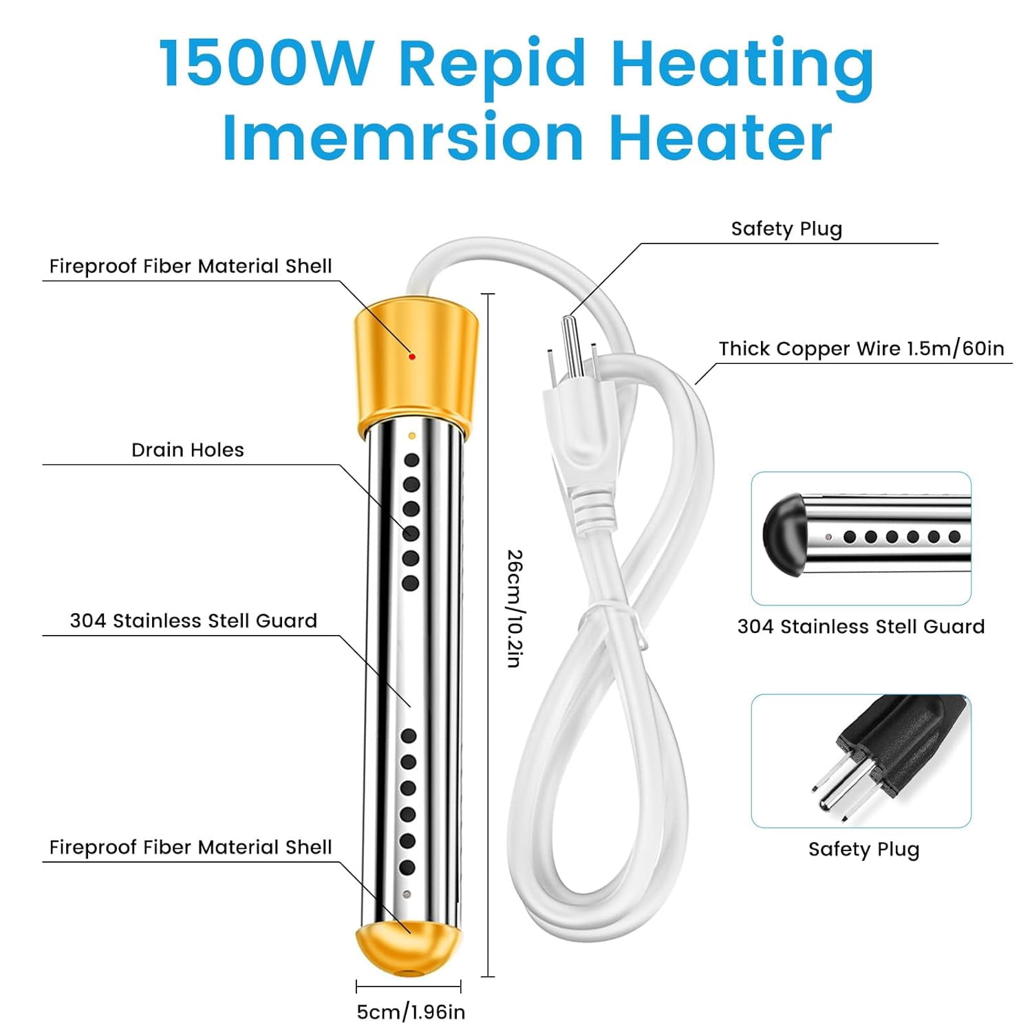 LASIEYO Immersion Water Heater, 2000W Electric Bucket Heater, Stainless-Steel Portable Submersible Water Heater with LCD Thermometer & Wool Scrubber Auto Shut-Off for Inflatable Pool Bathtub, Basin