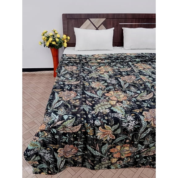 Handmade Floral Kantha Quilt: Indian Inspired Bedding
