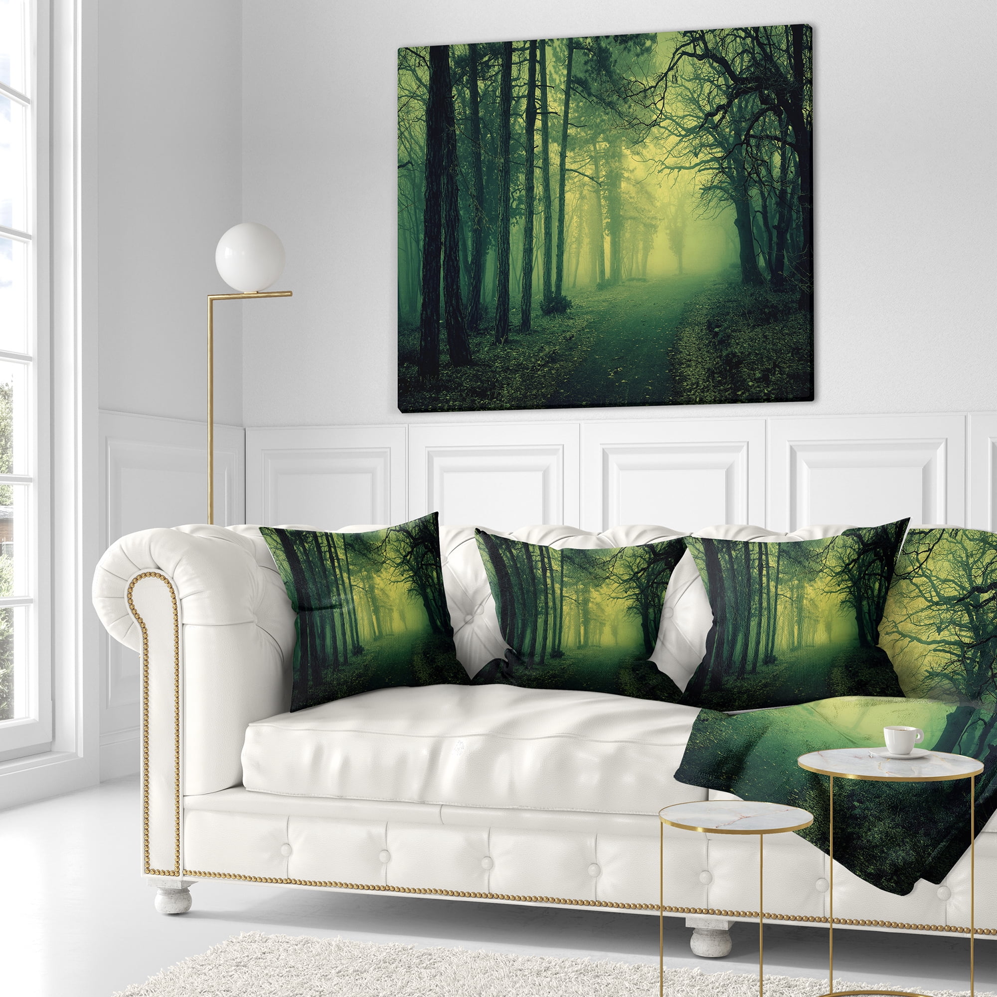 Designart Green Light in Thick Mist Forest - Landscape Photography Throw Pillow - 16x16