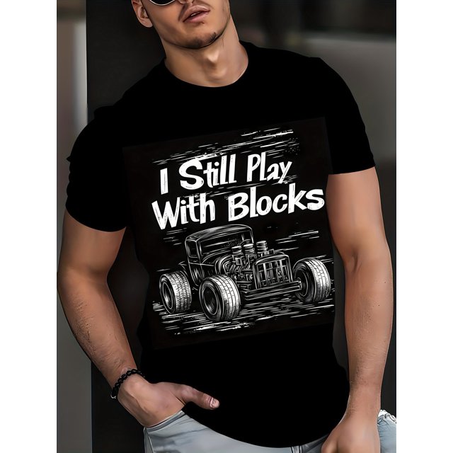 Men's Retro Car Graphic T-Shirt - "I Still Play with Blocks" 3D Print, Casual Round Neck Short Sleeve Tee, Cotton Knit Fabric,Machine Washable, Soft Material, Festive Apparel
