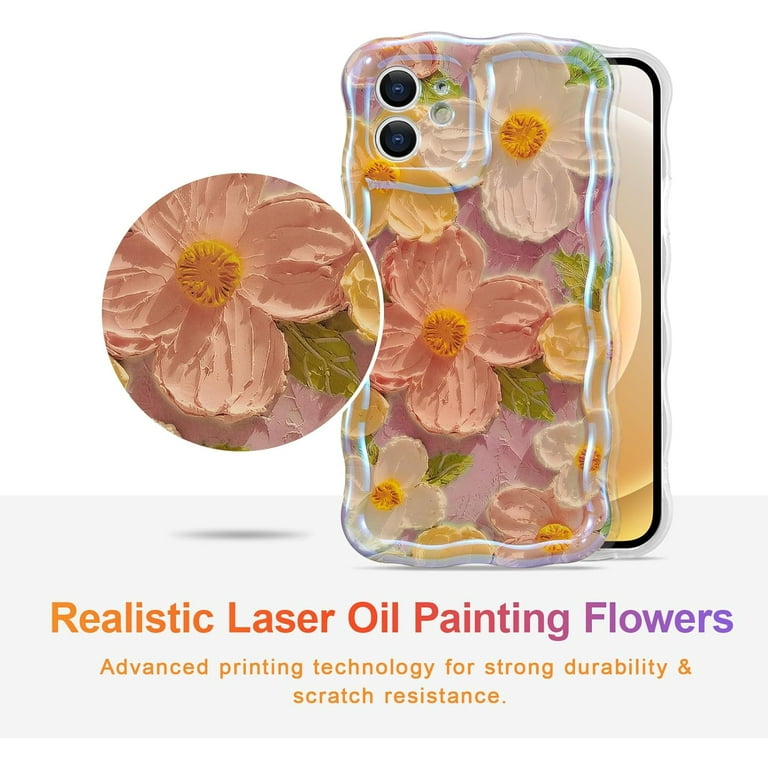 EYZUTAK Case For IPhone 14 Pro Max, Cute Rose Flower Laser Glossy Pattern Curly Wave Border Exquisite Floral Painting Phone Cover Durable Soft TPU