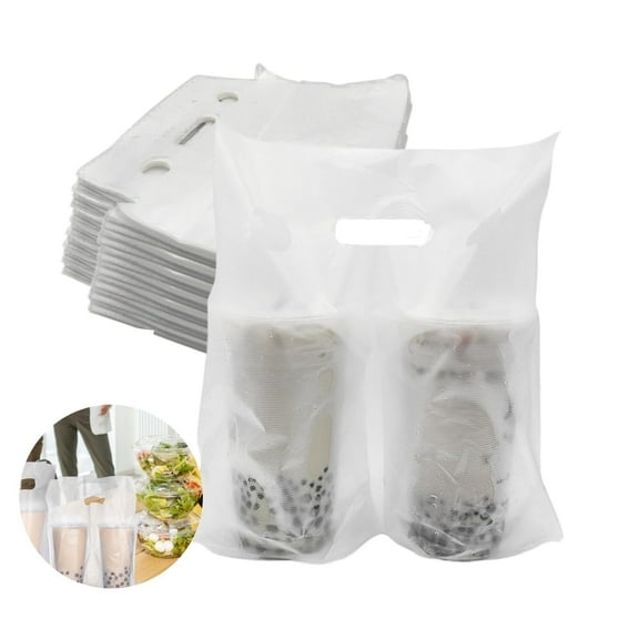 Clear Packaging Bags,100 Pack Drinking Bags,Clear 2 Cups Carrier with Handle,Plastic Portable Cup Carrier Holder for Indoor and Outdoor