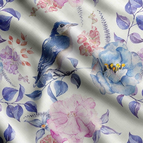 Soimoi Bird & Flowers PrintCotton Cambric Quilting Fabric Sold by The Yard 42 Inch Wide Medium Weight Cotton Fabric SewingSupplies -Medium Blue