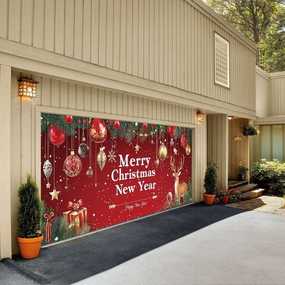 Large Merry Christmas Background Banner for Festive Party Photography and Holiday Garage Door Decoration 7 by 16 Feet