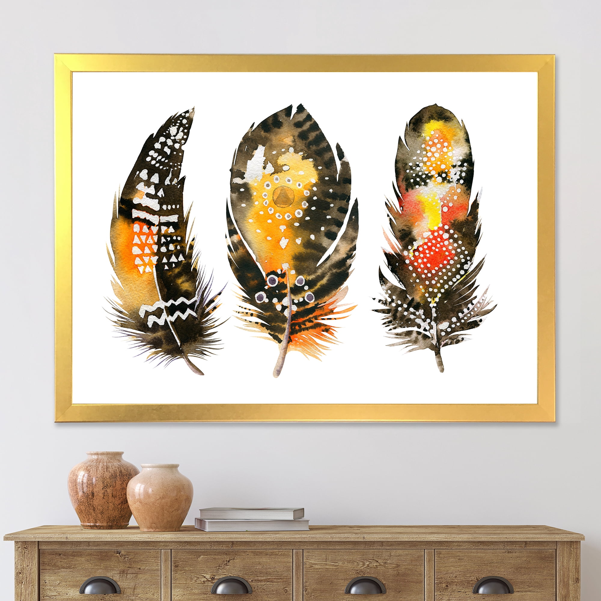 Designart 'Ethnic Boho Art Orange Feathers' Bohemian & Eclectic Framed Art Print