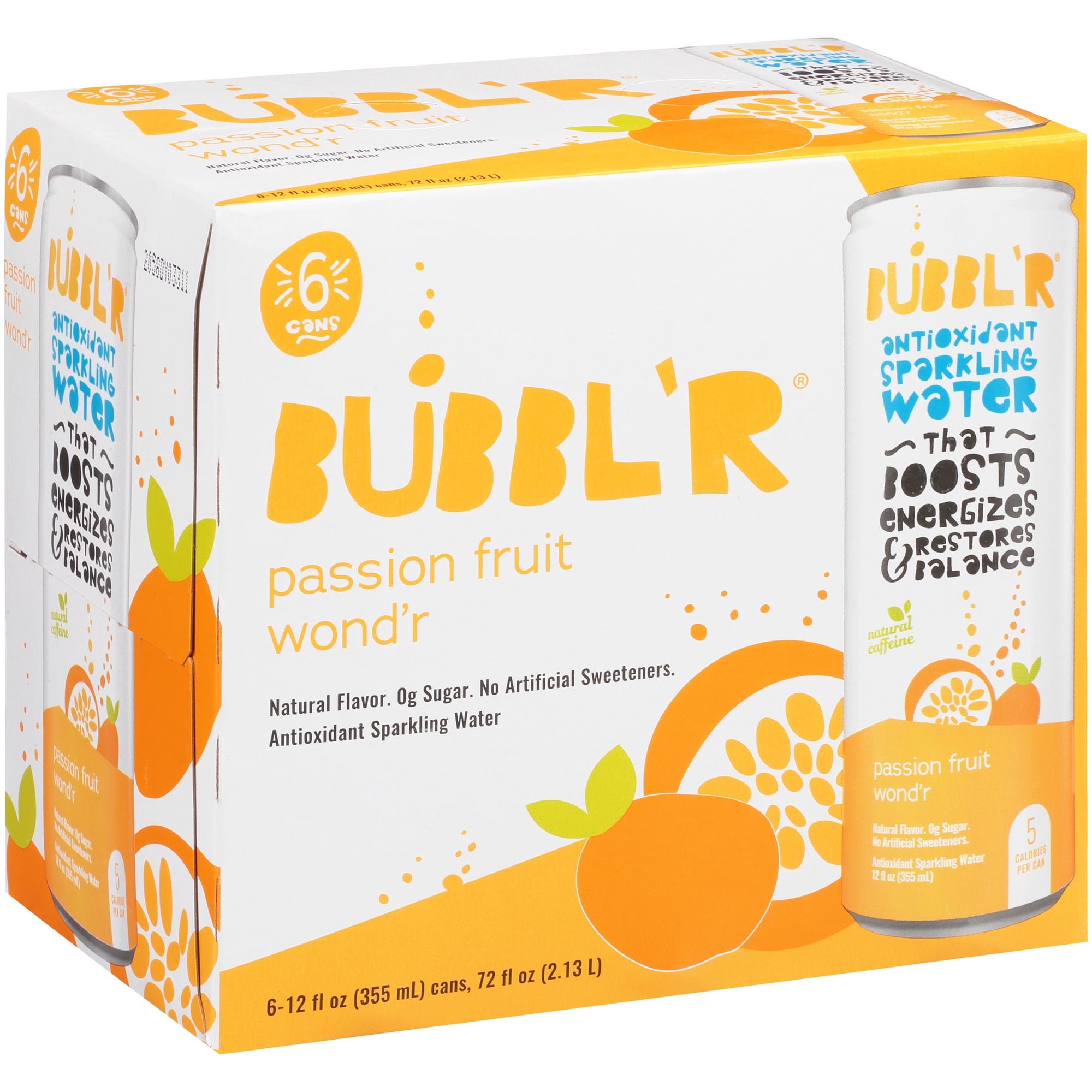 BUBBL'R Antioxidant Sparkling Water, Passion Fruit Wond'r, 12 fl oz, 6 Pack Cans