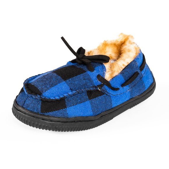 NORTY Size 3 Fleece Buffalo Plaid Slippers for Kids- Slip-On Toddler House Shoes for Boys and Girls - Suede Sole - Runs True to Size - Royal Blue Buffalo Plaid
