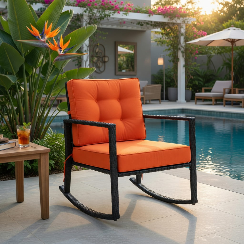 Hommoo Outdoor Rattan Rocking Chair with Thick Cushions, PE Wicker Glider for Patio, Backyard, Deck, Rustic Black Frame, Orange