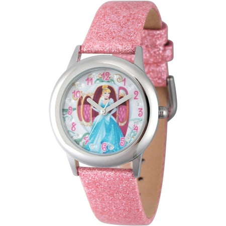 Disney Princess Cinderella Girls' Stainless Steel Glitz Watch, Pink Glitter Strap